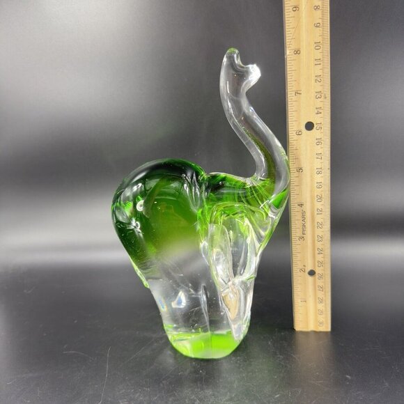 Heavy Glass Elephant Figurine Paperweight With Clear Green Spots Trunk Up Lucky - Picture 5 of 16